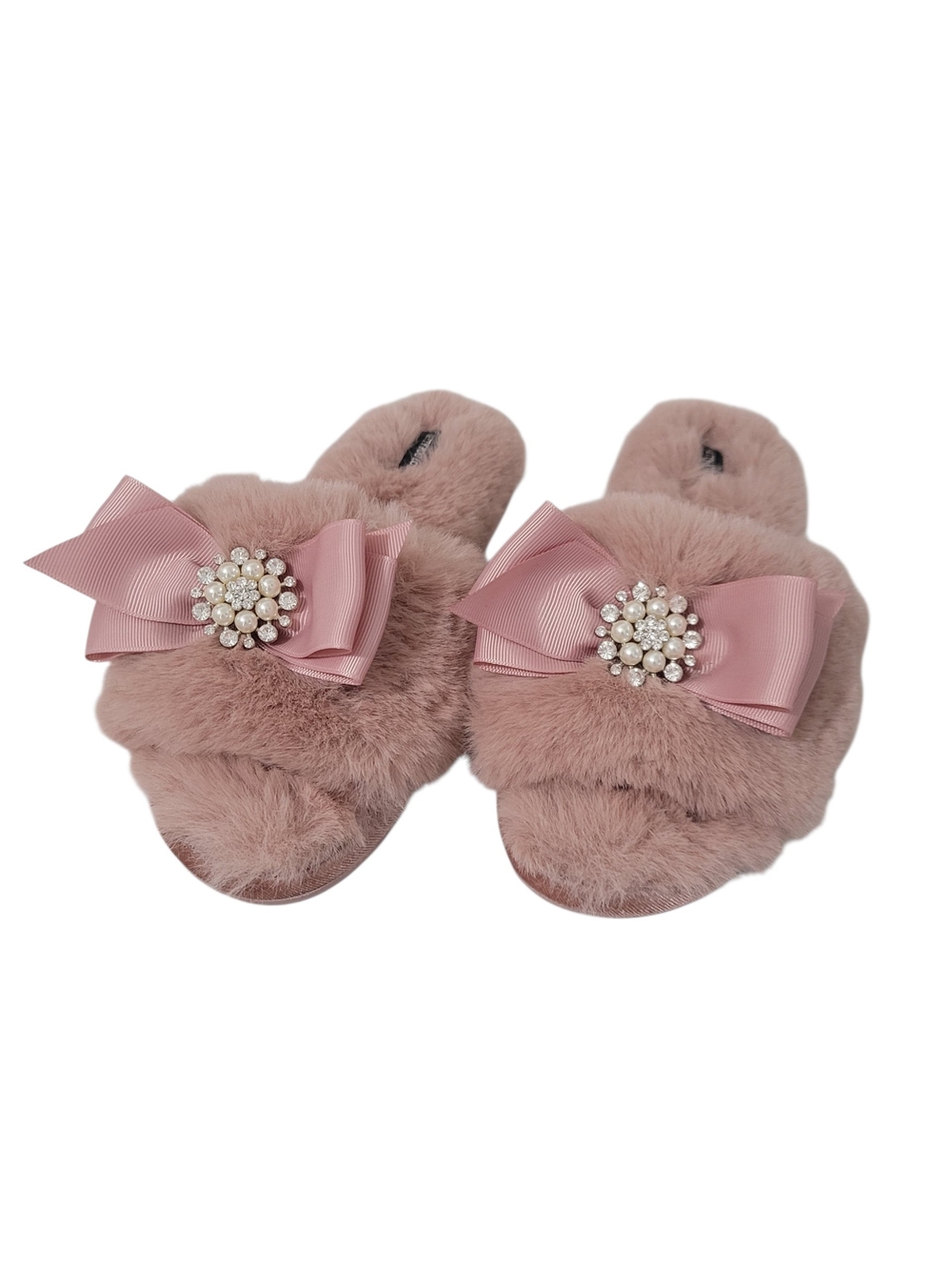 Pretty You London Fur Slip-on Slippers With Pearl/Rhinestones Womens 6.5-7.5 M